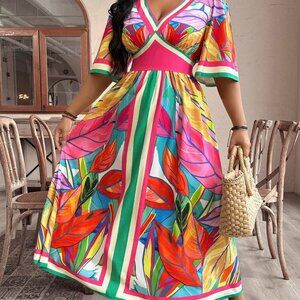 Multicolor Boho Women's Plus Size Vacation Casual Plant Printed High-Waist Long
